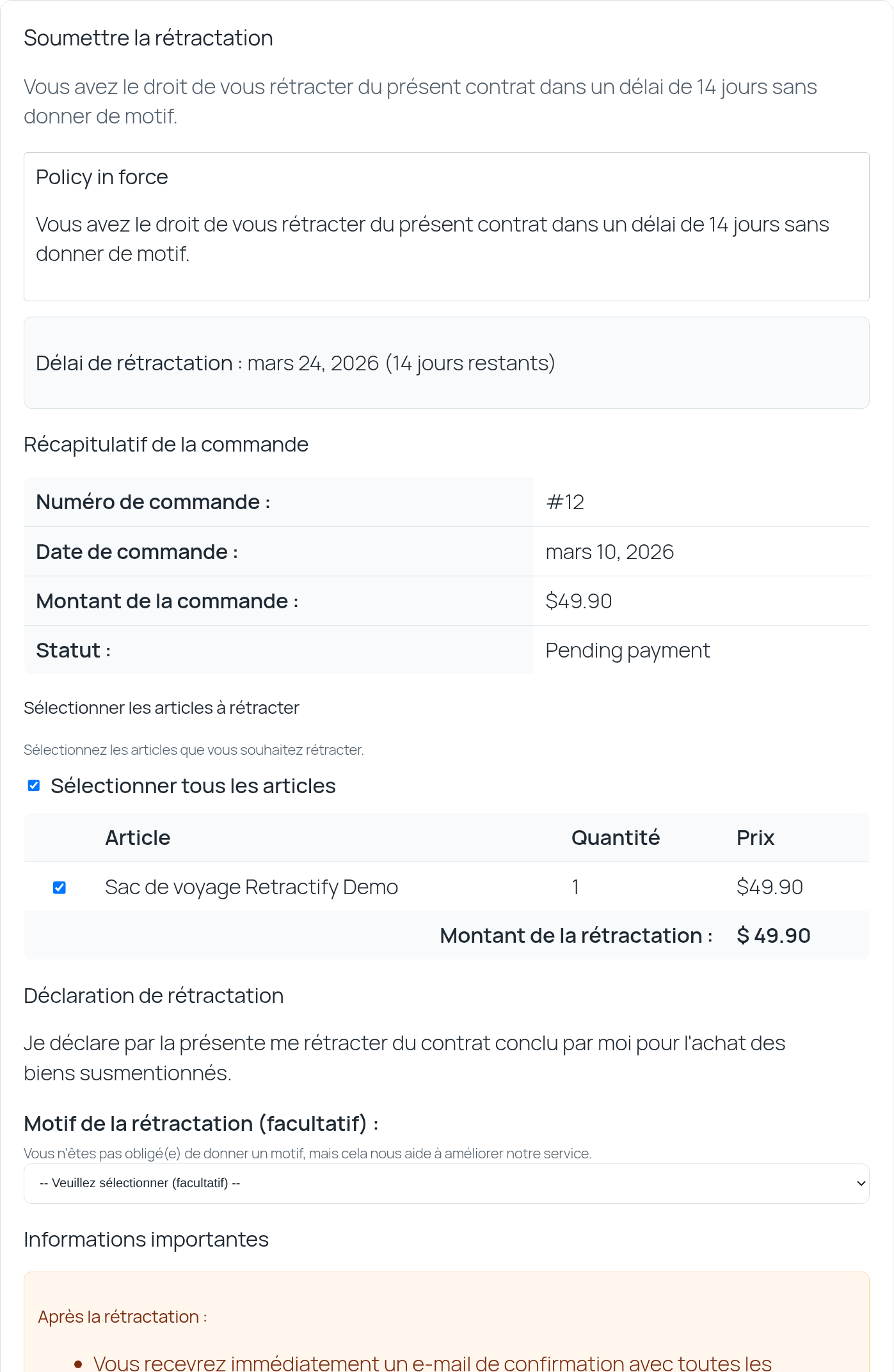 Récapitulatif de commande et formulaire de rétractation Retractify