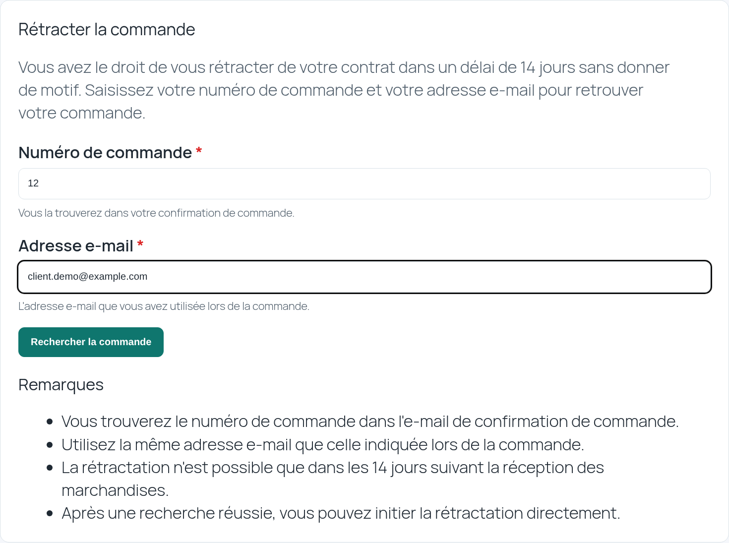 Formulaire de recherche de commande Retractify